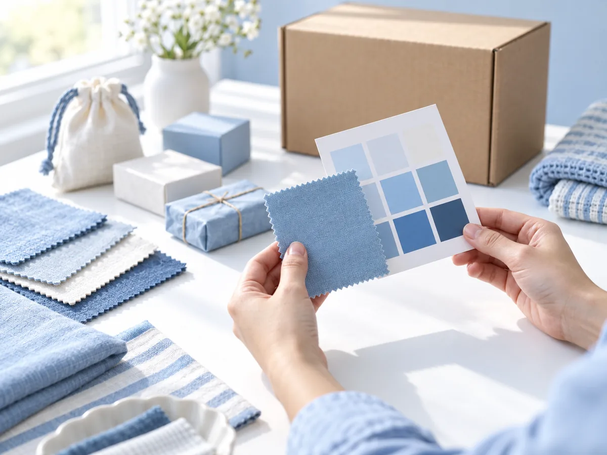 生地や商品のサンプルを確認する手元（イメージ）